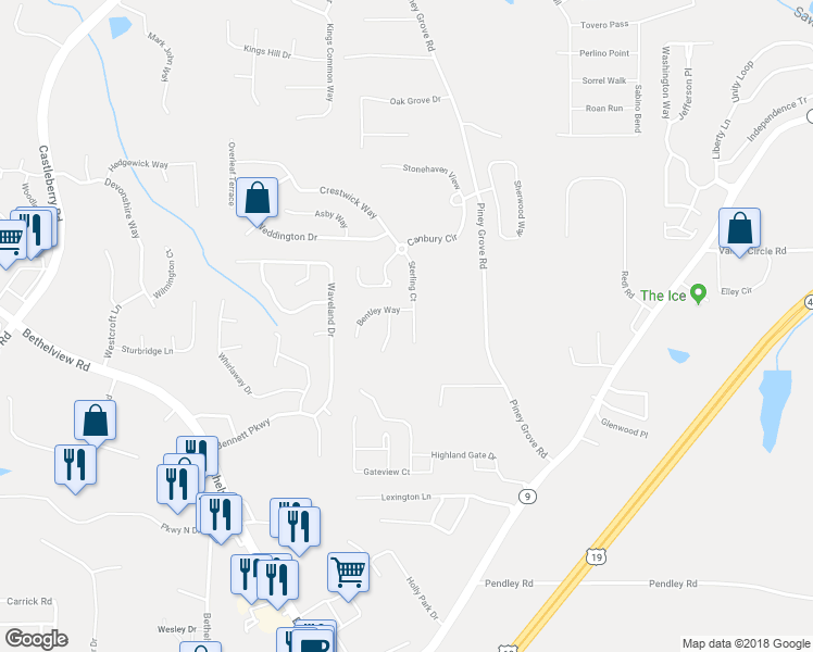 map of restaurants, bars, coffee shops, grocery stores, and more near 5840 Sterling Court in Cumming