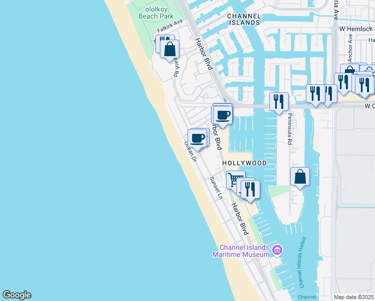 map of restaurants, bars, coffee shops, grocery stores, and more near 4025 Ocean Drive in Oxnard