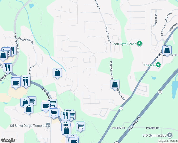 map of restaurants, bars, coffee shops, grocery stores, and more near 5955 Bentley Way in Cumming