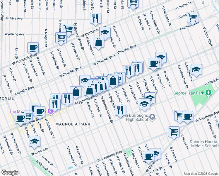 map of restaurants, bars, coffee shops, grocery stores, and more near 716 North Brighton Street in Burbank