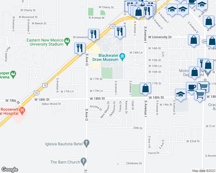 map of restaurants, bars, coffee shops, grocery stores, and more near 1300 West 17th Lane in Portales