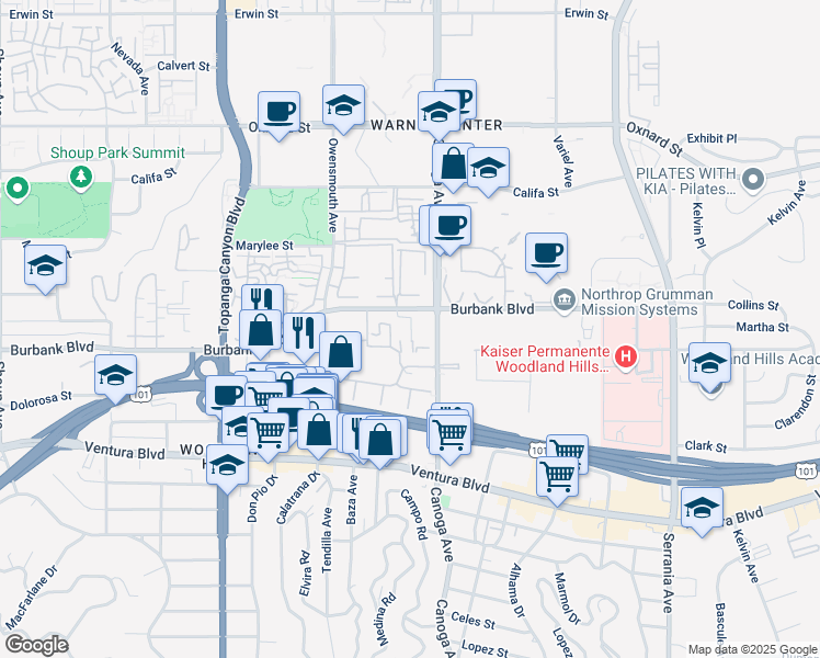 map of restaurants, bars, coffee shops, grocery stores, and more near 21400 Burbank Boulevard in Los Angeles
