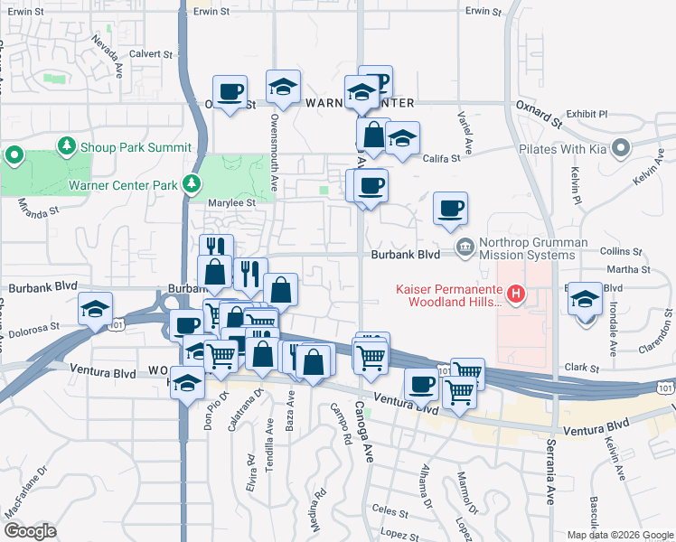 map of restaurants, bars, coffee shops, grocery stores, and more near 21500 Burbank Boulevard in Los Angeles