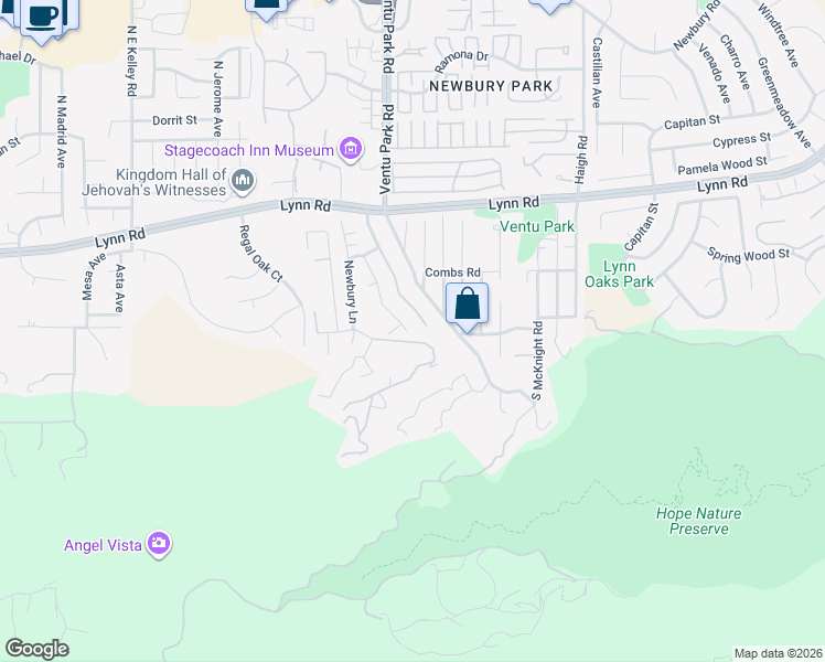map of restaurants, bars, coffee shops, grocery stores, and more near 272 Canyon Road in Ventura County