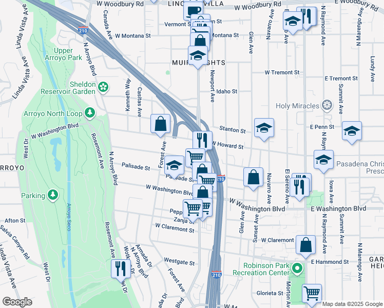 map of restaurants, bars, coffee shops, grocery stores, and more near 451 Del Monte Street in Pasadena