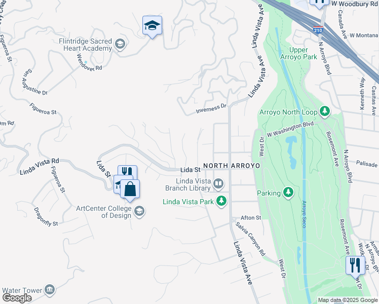 map of restaurants, bars, coffee shops, grocery stores, and more near 1450 Arroyo View Drive in Pasadena