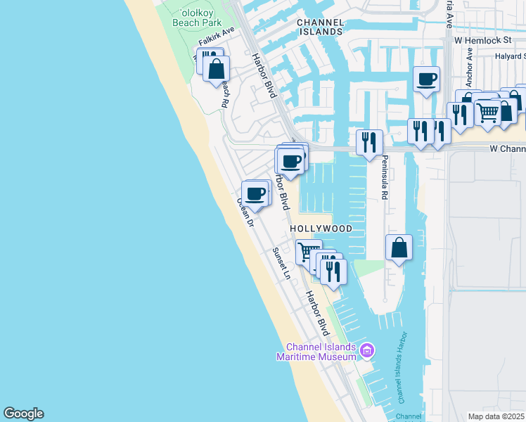 map of restaurants, bars, coffee shops, grocery stores, and more near 3026 Sunset Lane in Oxnard