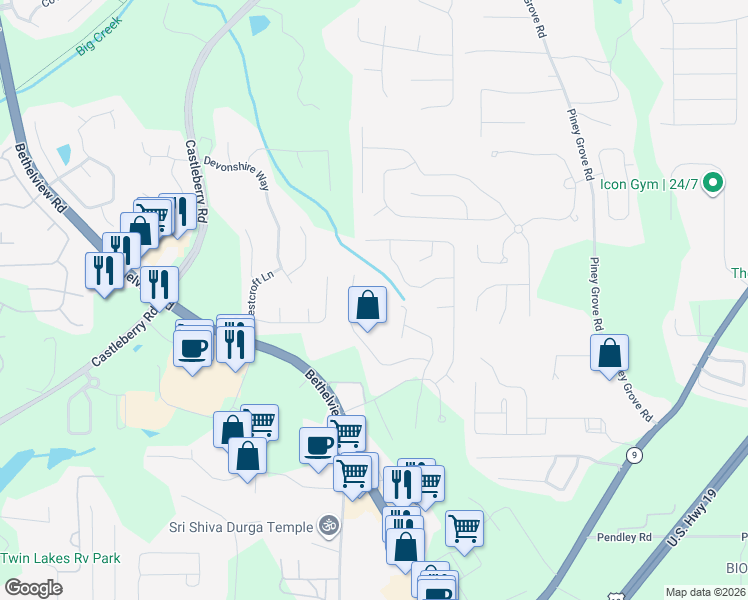 map of restaurants, bars, coffee shops, grocery stores, and more near 6550 Quillin Court in Cumming