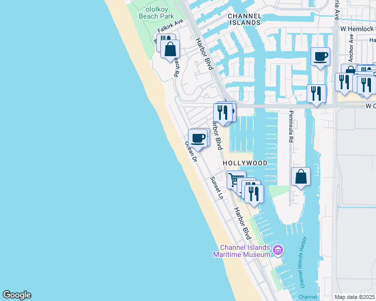 map of restaurants, bars, coffee shops, grocery stores, and more near 4025 Ocean Drive in Oxnard
