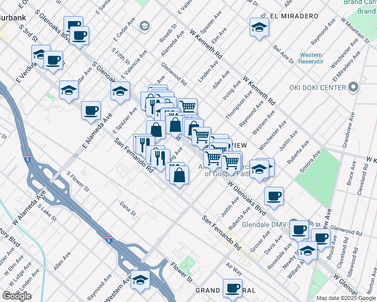 map of restaurants, bars, coffee shops, grocery stores, and more near 1812 West Glenoaks Boulevard in Glendale