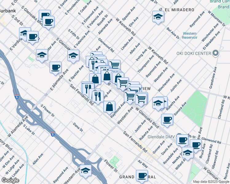 map of restaurants, bars, coffee shops, grocery stores, and more near 1812 West Glenoaks Boulevard in Glendale