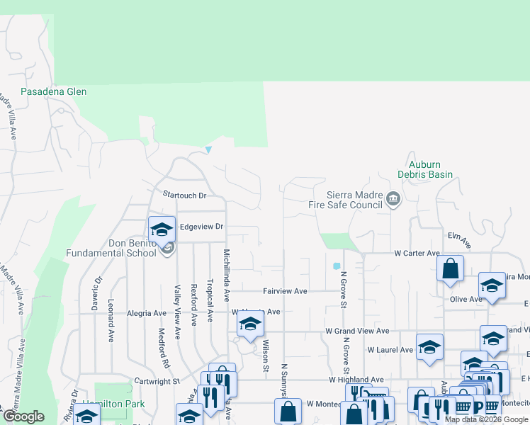 map of restaurants, bars, coffee shops, grocery stores, and more near 3984 Park Vista Circle in Pasadena