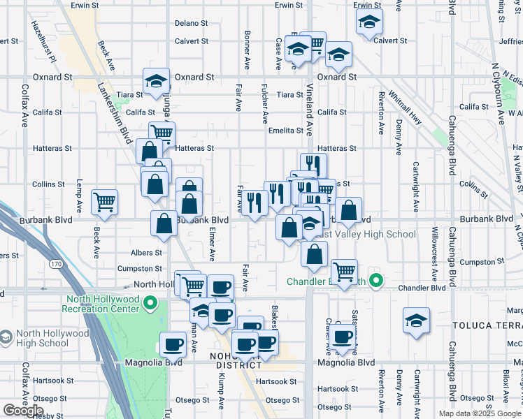 map of restaurants, bars, coffee shops, grocery stores, and more near 5611 Fulcher Avenue in Los Angeles