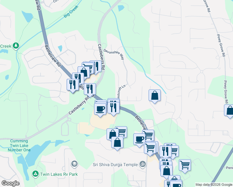 map of restaurants, bars, coffee shops, grocery stores, and more near 5920 Westcroft Lane in Cumming
