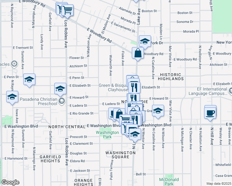 map of restaurants, bars, coffee shops, grocery stores, and more near 767 East Howard Street in Pasadena