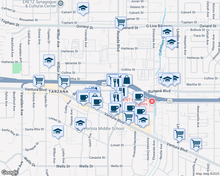 map of restaurants, bars, coffee shops, grocery stores, and more near 18545 Burbank Boulevard in Los Angeles