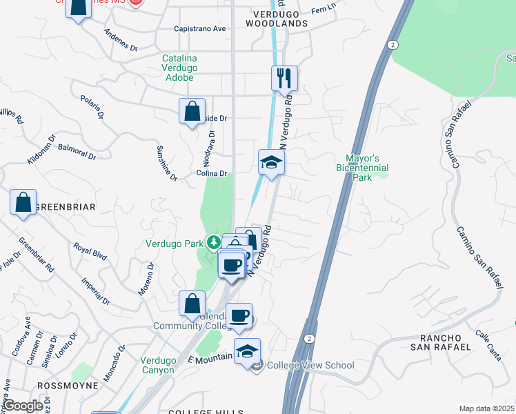 map of restaurants, bars, coffee shops, grocery stores, and more near 1751 North Verdugo Road in Glendale