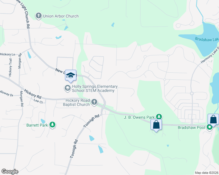 map of restaurants, bars, coffee shops, grocery stores, and more near 215 Whitestone Drive in Holly Springs