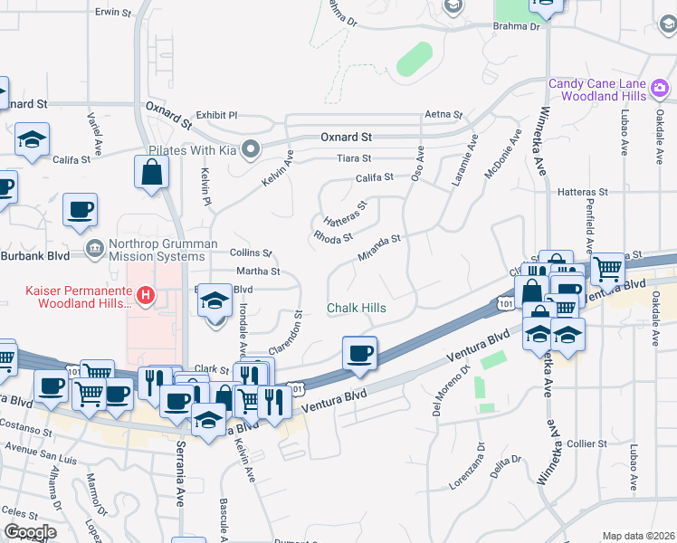 map of restaurants, bars, coffee shops, grocery stores, and more near 5634 Mason Avenue in Los Angeles