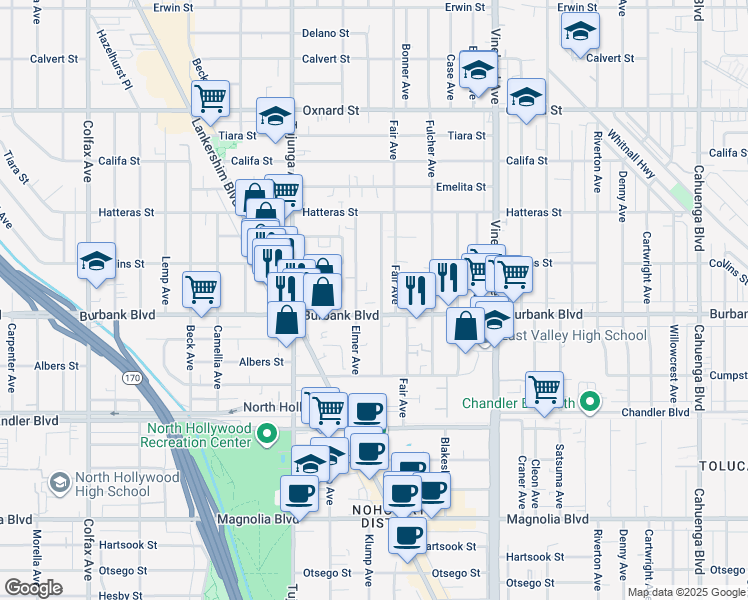 map of restaurants, bars, coffee shops, grocery stores, and more near 5631 Klump Avenue in Los Angeles