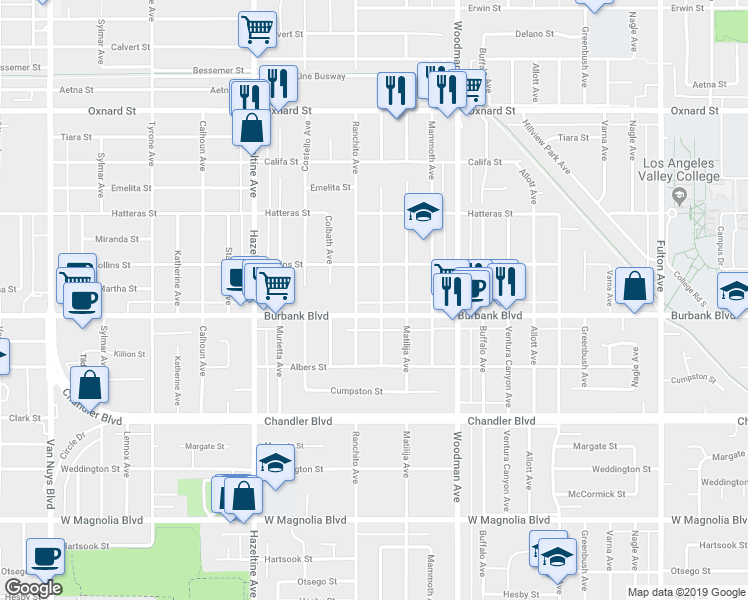 map of restaurants, bars, coffee shops, grocery stores, and more near 5617 Cantaloupe Avenue in Los Angeles