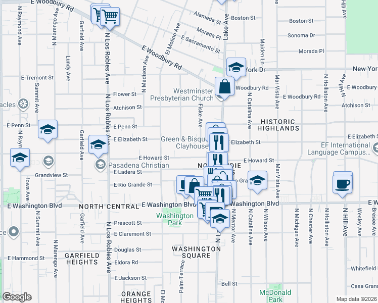 map of restaurants, bars, coffee shops, grocery stores, and more near 767 East Howard Street in Pasadena