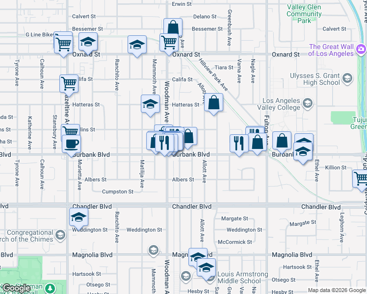 map of restaurants, bars, coffee shops, grocery stores, and more near 5616 Buffalo Avenue in Los Angeles