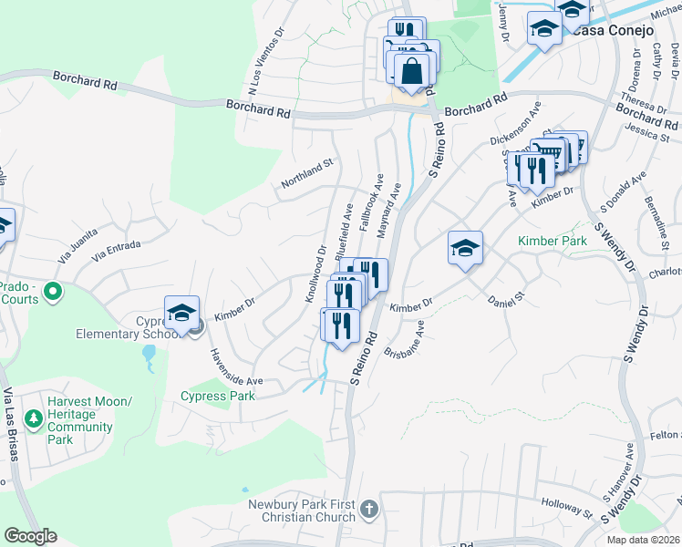 map of restaurants, bars, coffee shops, grocery stores, and more near 234 Fallbrook Avenue in Thousand Oaks
