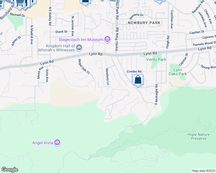 map of restaurants, bars, coffee shops, grocery stores, and more near 353 Newbury Lane in Ventura County