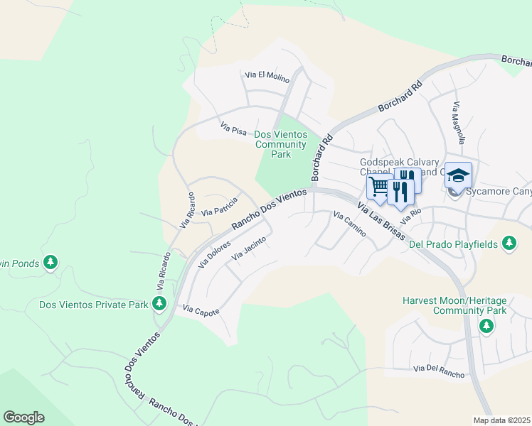 map of restaurants, bars, coffee shops, grocery stores, and more near 5153 Via Rincon in Thousand Oaks