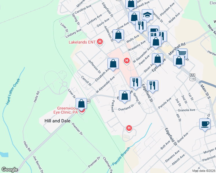 map of restaurants, bars, coffee shops, grocery stores, and more near 102 Katie Court in Greenwood
