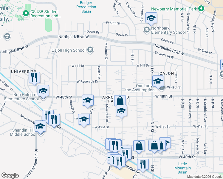 map of restaurants, bars, coffee shops, grocery stores, and more near 1066 West 49th Street in San Bernardino County