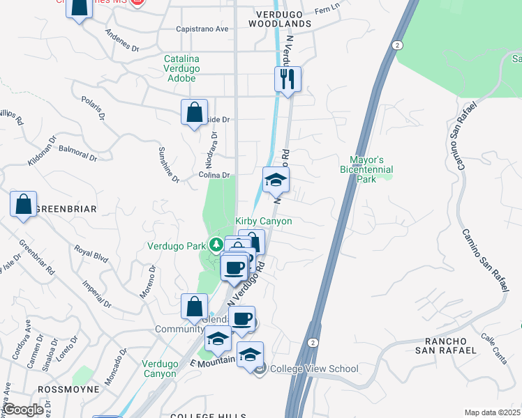 map of restaurants, bars, coffee shops, grocery stores, and more near 1751 North Verdugo Road in Glendale