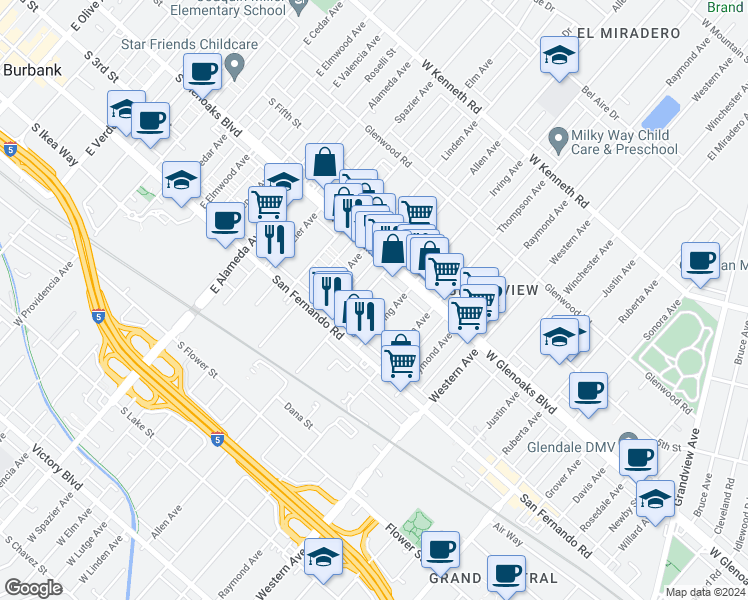 map of restaurants, bars, coffee shops, grocery stores, and more near 1049 Allen Avenue in Glendale