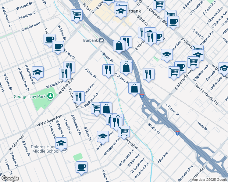 map of restaurants, bars, coffee shops, grocery stores, and more near 418 South Lake Street in Burbank