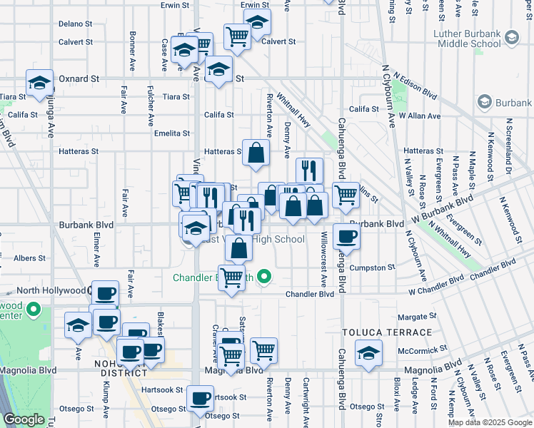map of restaurants, bars, coffee shops, grocery stores, and more near 5629 Riverton Avenue in Los Angeles