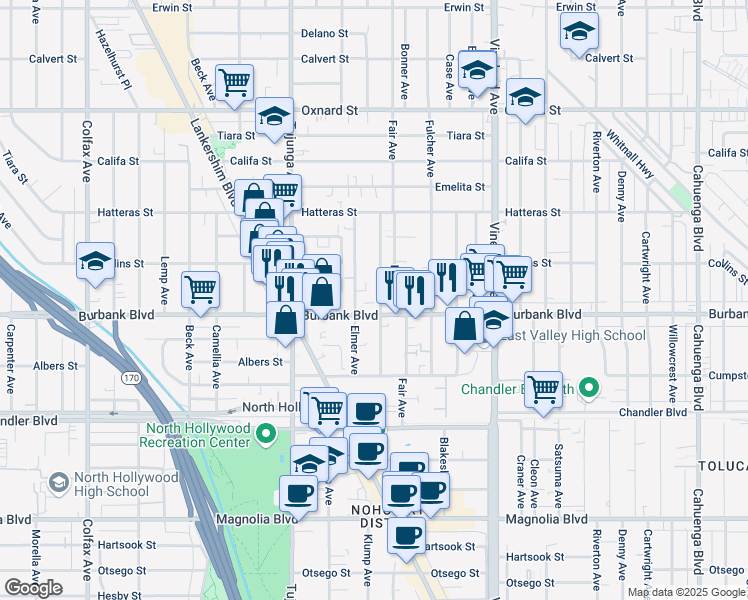 map of restaurants, bars, coffee shops, grocery stores, and more near 5631 Klump Avenue in Los Angeles