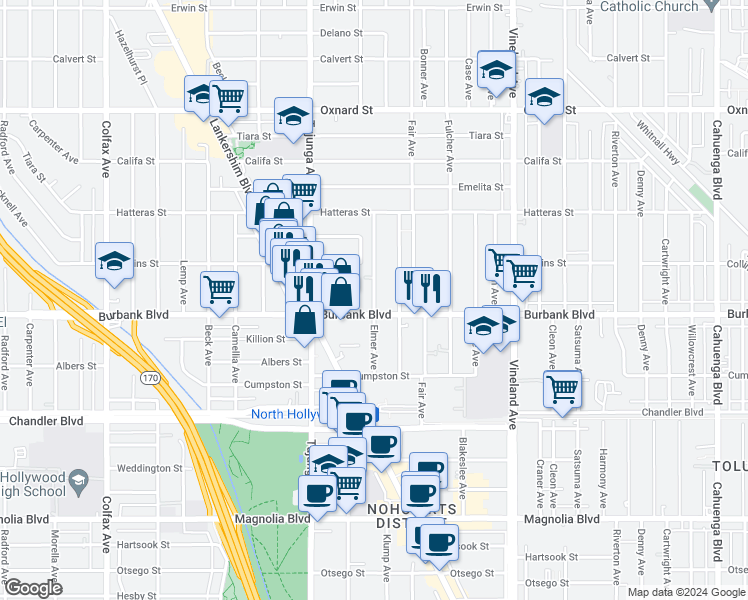 map of restaurants, bars, coffee shops, grocery stores, and more near 11308 Martha Street in Los Angeles