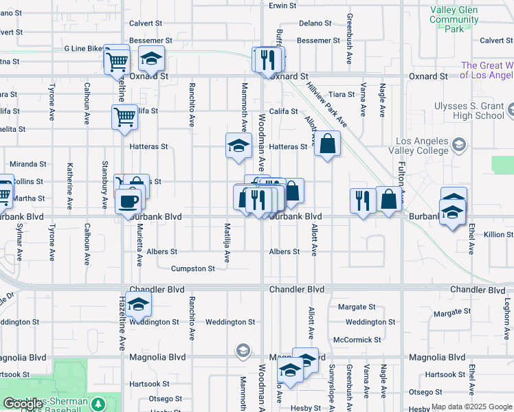 map of restaurants, bars, coffee shops, grocery stores, and more near 5630 Woodman Avenue in Los Angeles