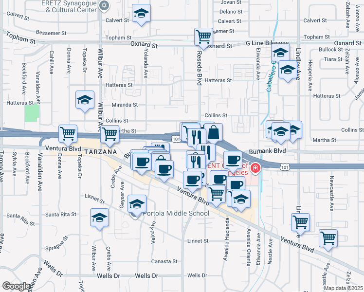 map of restaurants, bars, coffee shops, grocery stores, and more near 18545 Burbank Boulevard in Los Angeles