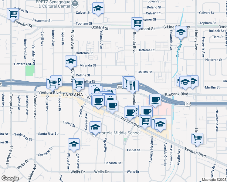 map of restaurants, bars, coffee shops, grocery stores, and more near 18615 Burbank Boulevard in Los Angeles