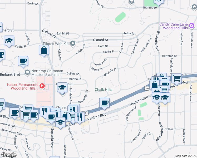 map of restaurants, bars, coffee shops, grocery stores, and more near 5635 Mason Avenue in Los Angeles