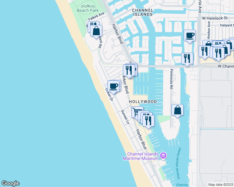 map of restaurants, bars, coffee shops, grocery stores, and more near 2941 Harbor Boulevard in Oxnard