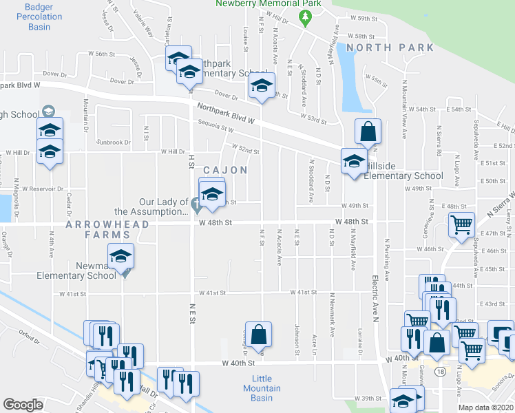 map of restaurants, bars, coffee shops, grocery stores, and more near 4898 North F Street in San Bernardino