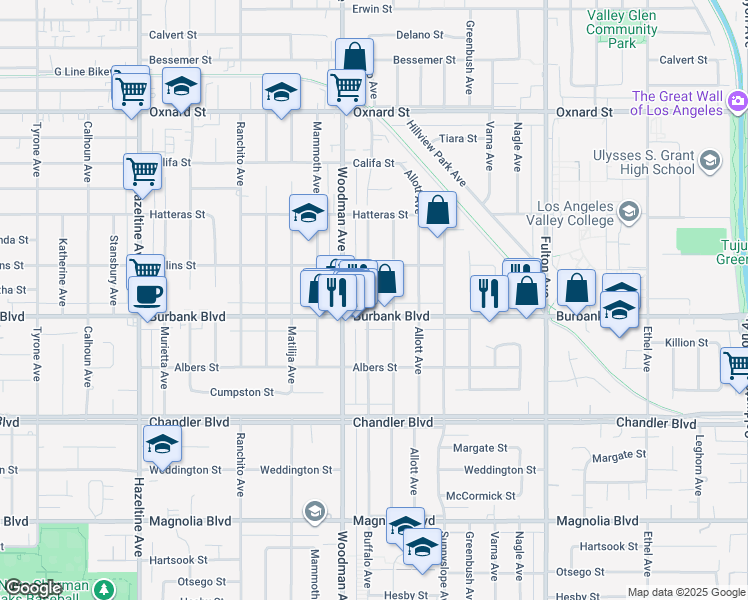 map of restaurants, bars, coffee shops, grocery stores, and more near 5616 Buffalo Avenue in Los Angeles
