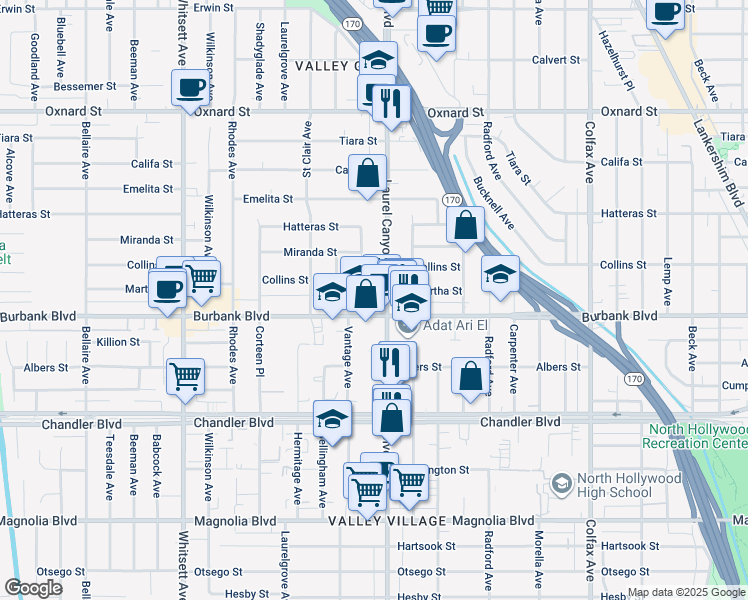 map of restaurants, bars, coffee shops, grocery stores, and more near 12113 Burbank Boulevard in Los Angeles