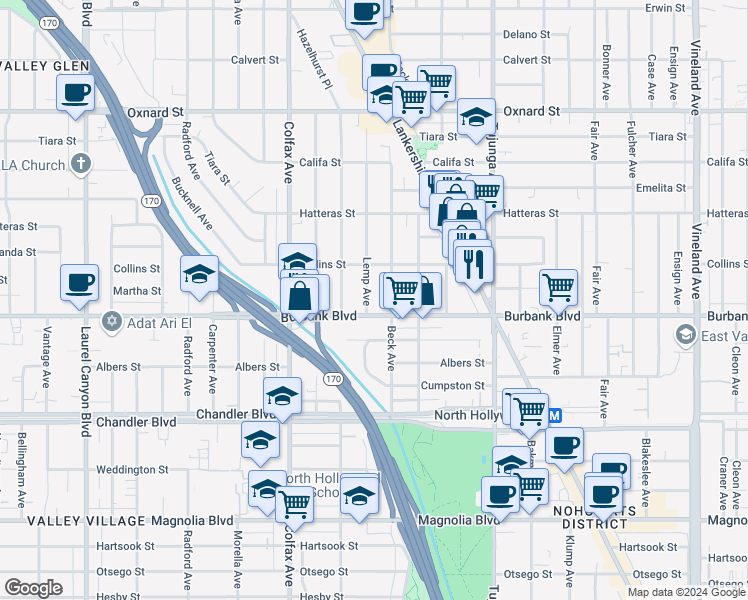 map of restaurants, bars, coffee shops, grocery stores, and more near 5620 Lemp Avenue in Los Angeles