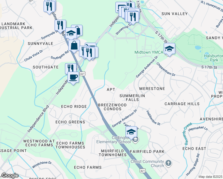map of restaurants, bars, coffee shops, grocery stores, and more near 4104 Breezewood Drive in Wilmington