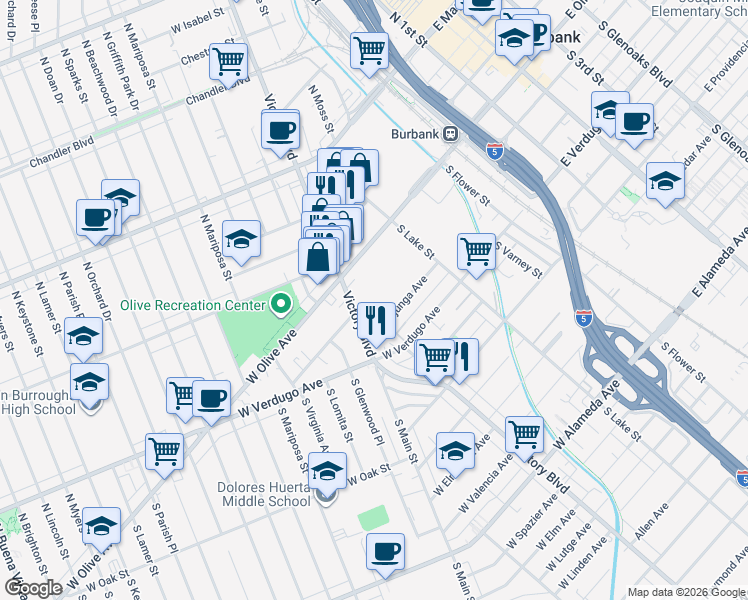 map of restaurants, bars, coffee shops, grocery stores, and more near 210 South Victory Boulevard in Burbank