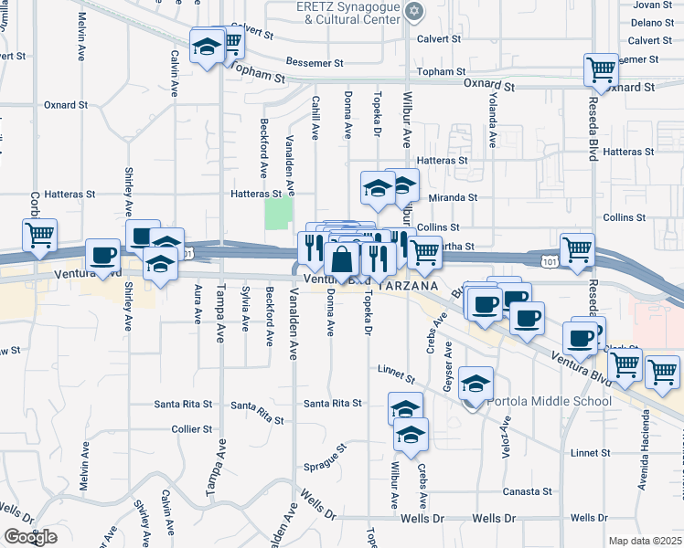 map of restaurants, bars, coffee shops, grocery stores, and more near 19001 Ventura Boulevard in Los Angeles
